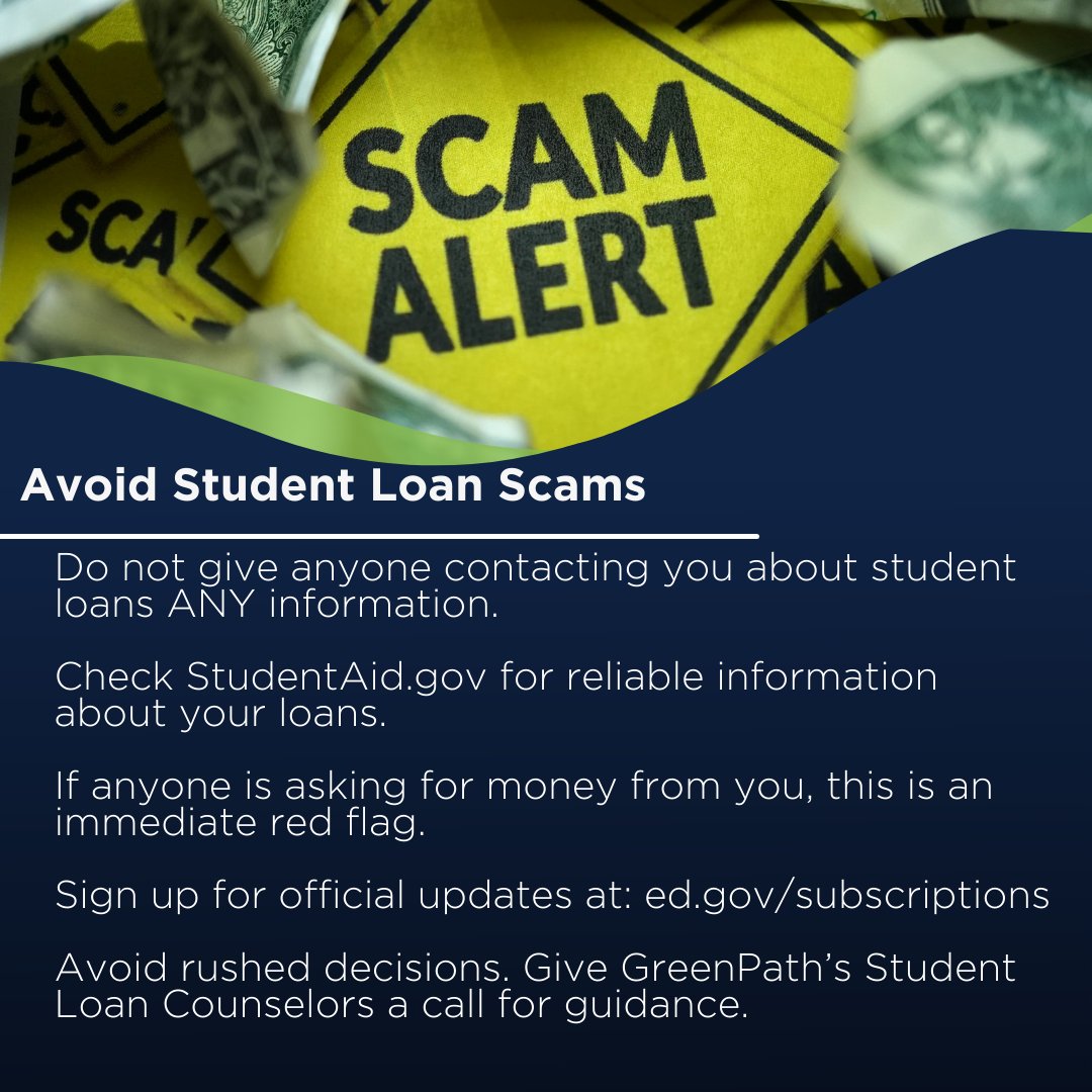 HRCU_kc's tweet photo. Protect yourself from student loan scams by knowing the facts! Here are 5 tips from our trusted partners at GreenPath on how you can avoid student loan repayment scams. https://t.co/Kpjl8zrGIW