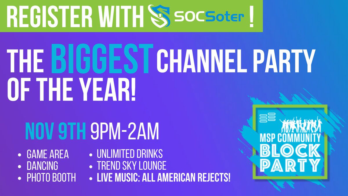 SOCSoter's tweet photo. Heading to Orlando for the #MSPBlockParty? βοΈ π΄ π
We are closing out the events season with @mspinitiative's MSP Community Block Party! If you are heading there, click the invite link below and register with us!
β‘οΈ https://t.co/lbgdE4NTrt https://t.co/qbEzn79skD