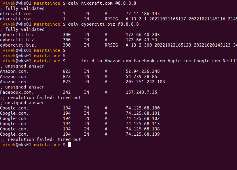 nixcraft's tweet photo. Check if Faang's have DNSSEC enabled for not using bash for loop 
for d in Amazon\.com Facebook\.com Apple\.com Google\.com Netflix\.com ; do delv "$d"; done

See https://t.co/JOhS7HvEFI for more info https://t.co/e5PUOcRZ6f