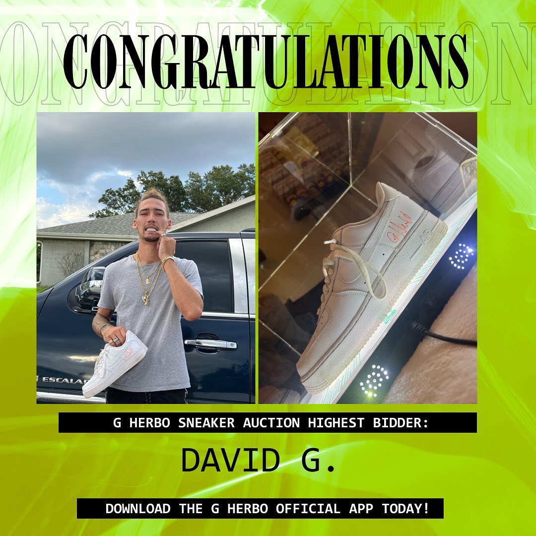 myseat's tweet photo. Congratulations, David for being the highest bidder in the @gherbo App exclusive sneaker auction.
Getting a signed pair of air forces worn by G Herbo.

Download the G Herbo App today! https://t.co/G8FzjDelCa https://t.co/q5YkypXbxP