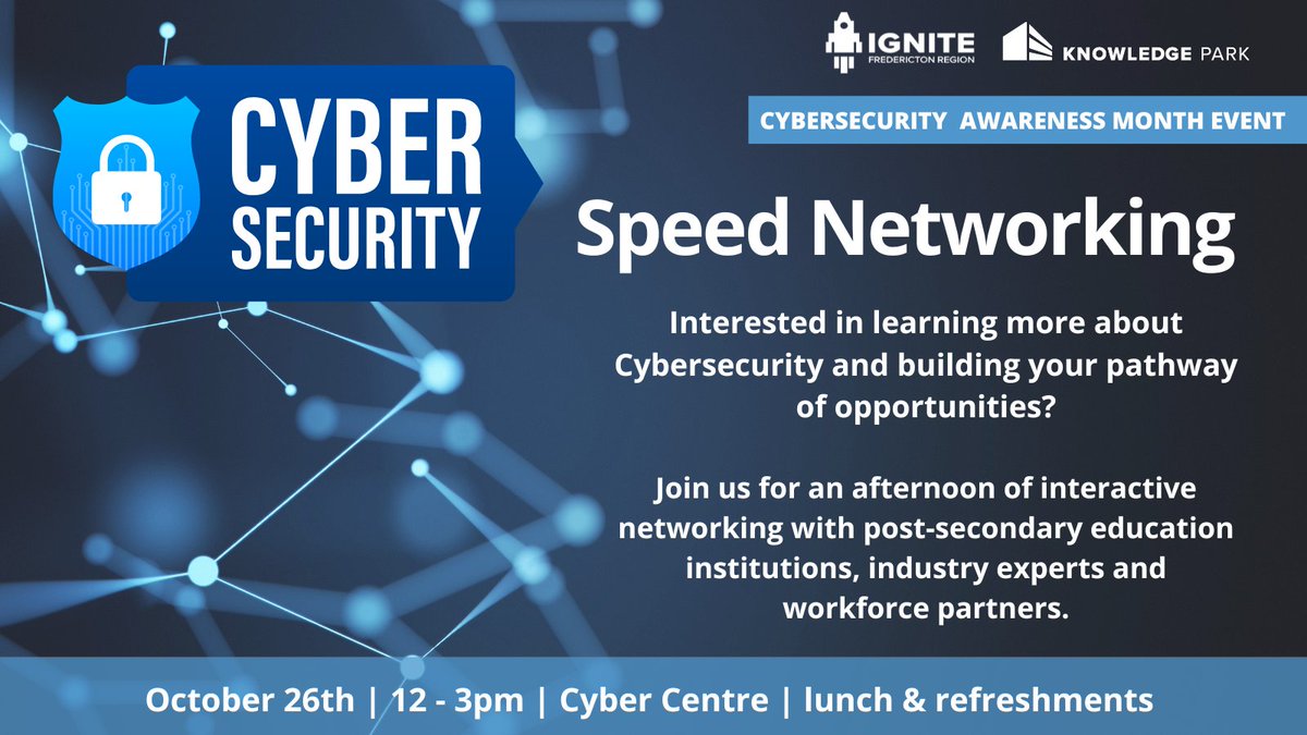We're celebrating Cybersecurity Awareness Month with a Speed Networking event at Cyber Centre on October 26th. Don't miss this opportunity to network with industry professionals and grow your talent pipeline. Register now: bit.ly/3SbCFcA