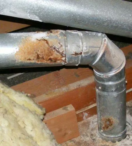 DuraventGroup's tweet photo. #BadBuildFriday: This corroded B-vent is exactly how we feel in the morning after a long night out and forgetting to brush your teeth before bed. The good news is we can brush in the morning. The bad news is there is no hope for this piping. #BadBuild #dontforgettofloss #TGIF😅🪥 https://t.co/6mgnqffeXP