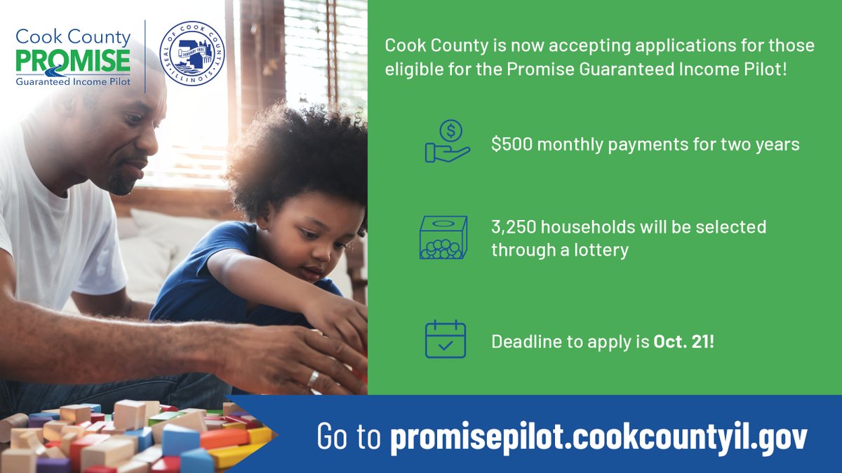 Today is the last day to apply for the Cook County Promise Guaranteed Income Pilot! To apply for this no-strings-attached $500 monthly payment for two years go to: engagecookcounty.com/promise