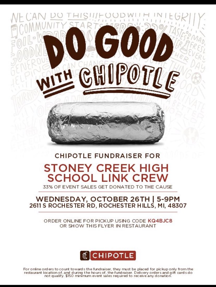 StoneyLinkCrew's tweet photo. Mark your calendars for WEDNESDAY Oct 26th- from 5pm-9pm! Link crew fundraiser. 33% of all orders (when you show the flyer or order online with code) go to Link Crew @WeAreSCHS @rochcommschools @StoneyCreek_AD https://t.co/SgrqsZlGVj
