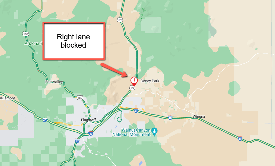 ArizonaDOT's tweet photo. US 89 southbound at milepost 422 near E Bramley Lane: A crash is blocking the right lane.
#US89 #aztraffic https://t.co/VhT6Apf9m6