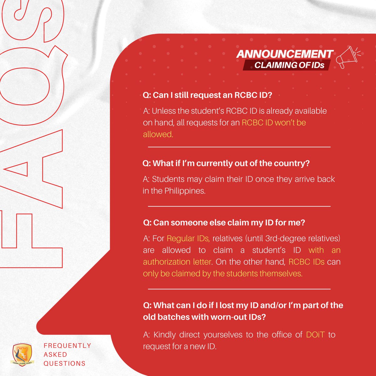 📣 ANNOUNCEMENT📣

Due to the influx of messages on our FB page regarding some ID-related concerns, kindly read the following 𝐅𝐫𝐞𝐪𝐮𝐞𝐧𝐭𝐥𝐲 𝐀𝐬𝐤𝐞𝐝 𝐐𝐮𝐞𝐬𝐭𝐢𝐨𝐧𝐬 𝟐.𝟎 in case these apply to you.