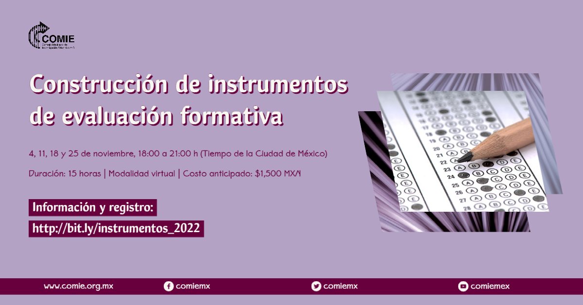 comiemx's tweet photo. #FormaciónCOMIE | Están abiertas las inscripciones para el taller de Construcción de instrumentos de evaluación formativa.
📆 Incia: 4 de noviembre de 2022, 18:00 a 21:00 h
📎 Programa: https://t.co/S4E3duabvy
✅ Registro: https://t.co/qH2ZMzG3Zs https://t.co/lFYmtxJkWK