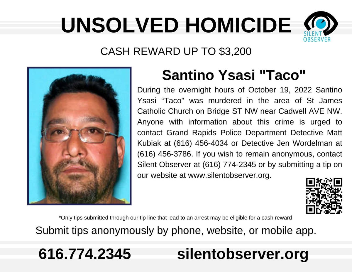 On Wednesday, Santino Ysasi “Taco” was murdered in the area of St James Catholic Church on Bridge ST NW near Cadwell AVE NW. Anyone with info about this crime is urged to contact the Grand Rapids Police Department or Silent Observer at silentobserver.org. <a href="/GrandRapidsPD/">Grand Rapids Police</a>
