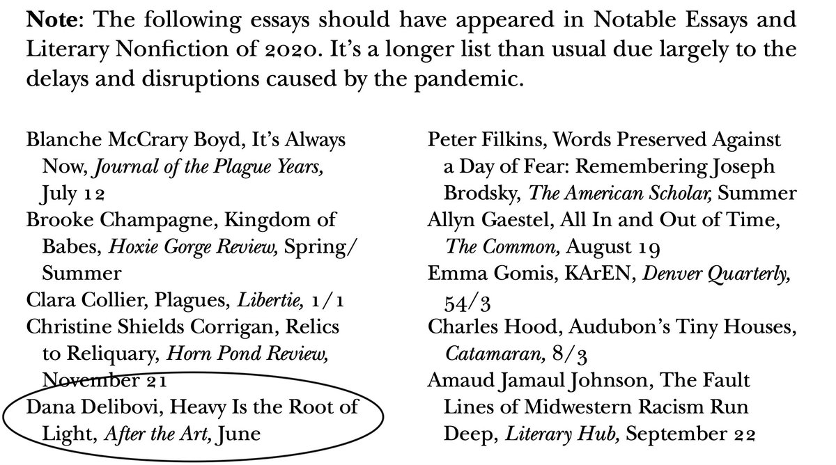 T H R I L L E D to learn that TWO After the Art essays have made the Best American Essay Notable list! @HeidiCzerwiec's "A Digression" from 2021 and @DanaDelibovi's "Heavy Is the Root of Light" from 2020. You can read them here:
aftertheart.com/2020/06/18/hea… 
aftertheart.com/2021/06/15/a-d…
🎉