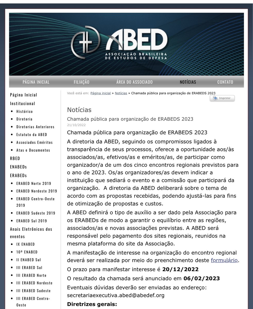 A ABED lançou a chamada pública para organização de Encontros Regionais (ERABEDS) de 2023

O período para manifestação de interesse na organização dos ERABEDs vai até 20/12/2022

Confira as diretrizes gerais no nosso site:
abedef.org/informativo/vi…