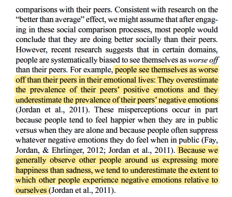 robkhenderson's tweet photo. "people see themselves as worse off than their peers in their emotional lives: They overestimate the prevalence of their peers’ positive emotions and they underestimate the prevalence of their peers’ negative emotions" https://t.co/Ti0iZXSuxq https://t.co/5kLy9MUru4