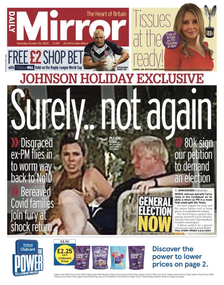 Kevin_Maguire's tweet photo. Tomorrow’s @DailyMirror front page is the danger that shitty lying lawbreaker @BorisJohnson could be imposed PM again by Conservative MPs.

Let it be! https://t.co/EdKDBLGHrS