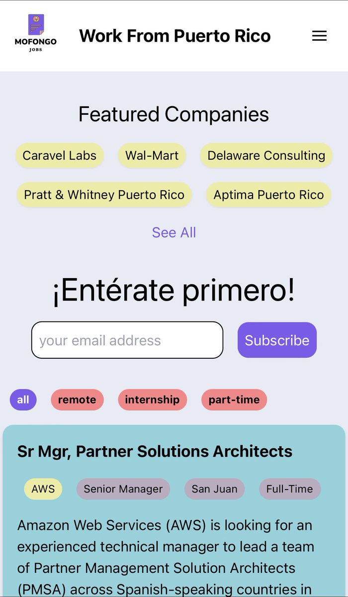 leira_carola's tweet photo. Work From Puerto Rico
https://t.co/lDaRG4Dov5
Update
Ahora se puede filtrar los job posts por remote, part-time, internship
#wfpr #workfrompr #workfrompuertorico #mofongojobs #remote #jobs #tech https://t.co/pqmSmiJONi