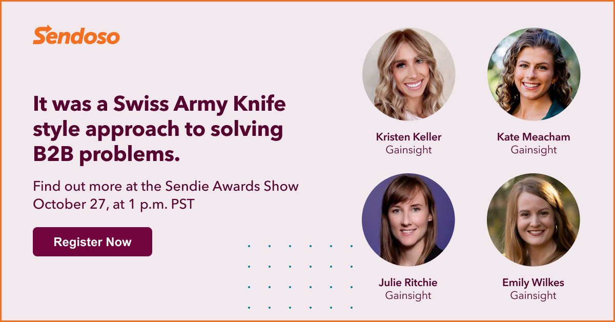 The Gainsight Marketing team has been honored with a 2022 <a href="/sendosohq/">Sendoso</a> Sendie Award! 🏆 

Want to join B2B’s A-list of limelighters and disruptors? Register to see the support the best names in B2B strategies, October 27th at 1 p.m. PST. 👇 
bit.ly/3M9ZImP