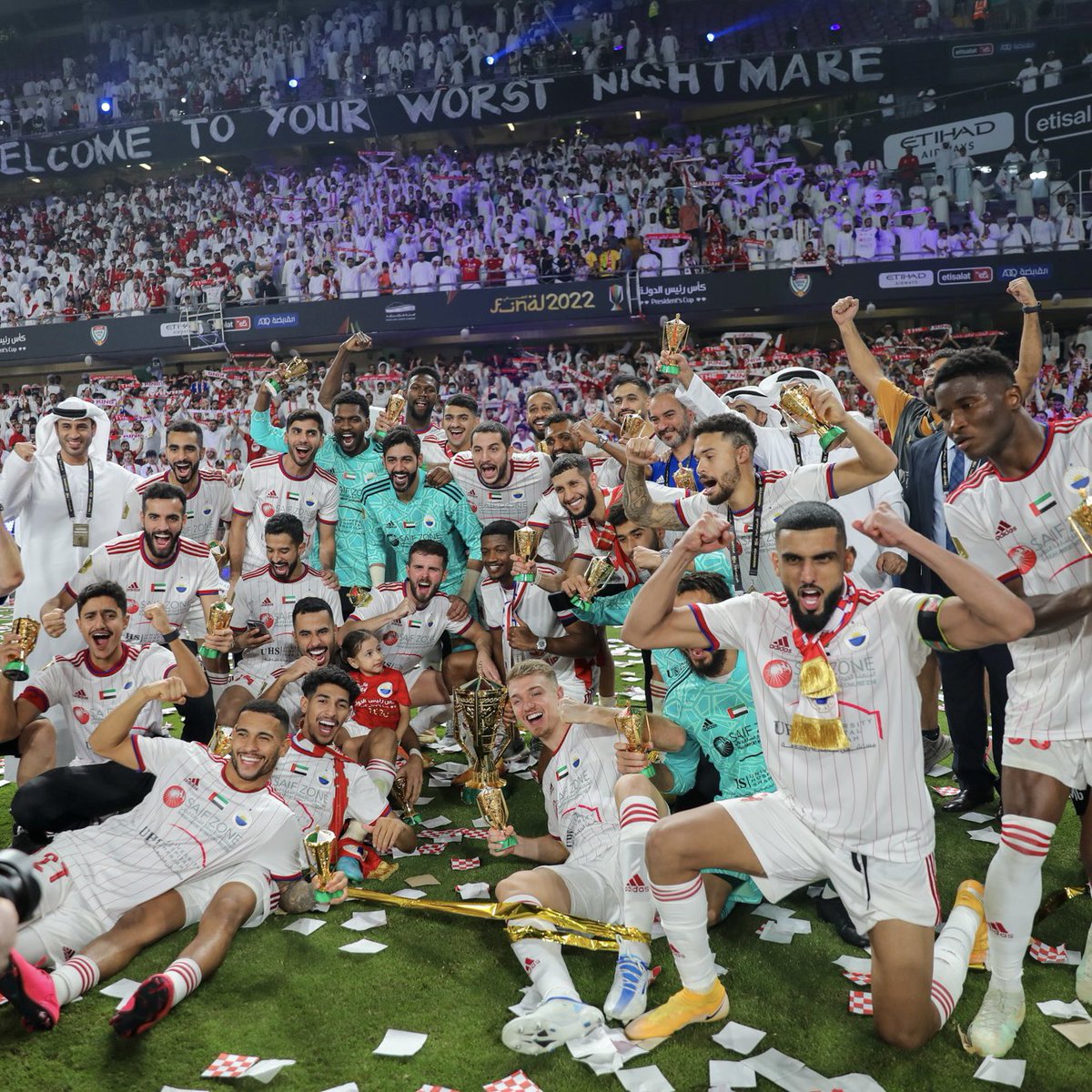 «كأس صاحب السمو رئيس الدوله شرجاوي »
  احب اهدي هذا الانجاز الي سيدي صاحب السمو الشيخ الدكتور سلطان القاسمي وكريمته الشيخه جواهر القاسمي ولجميع القائميين على هذا الكيان الكبير وبمتابعتهم عادت الفرحه للإماره الباسمه ، جمهورنا الوفي تستاهلون وبدعمكم المستمر كل شي قابل للحصاد 🤍🥇🏆