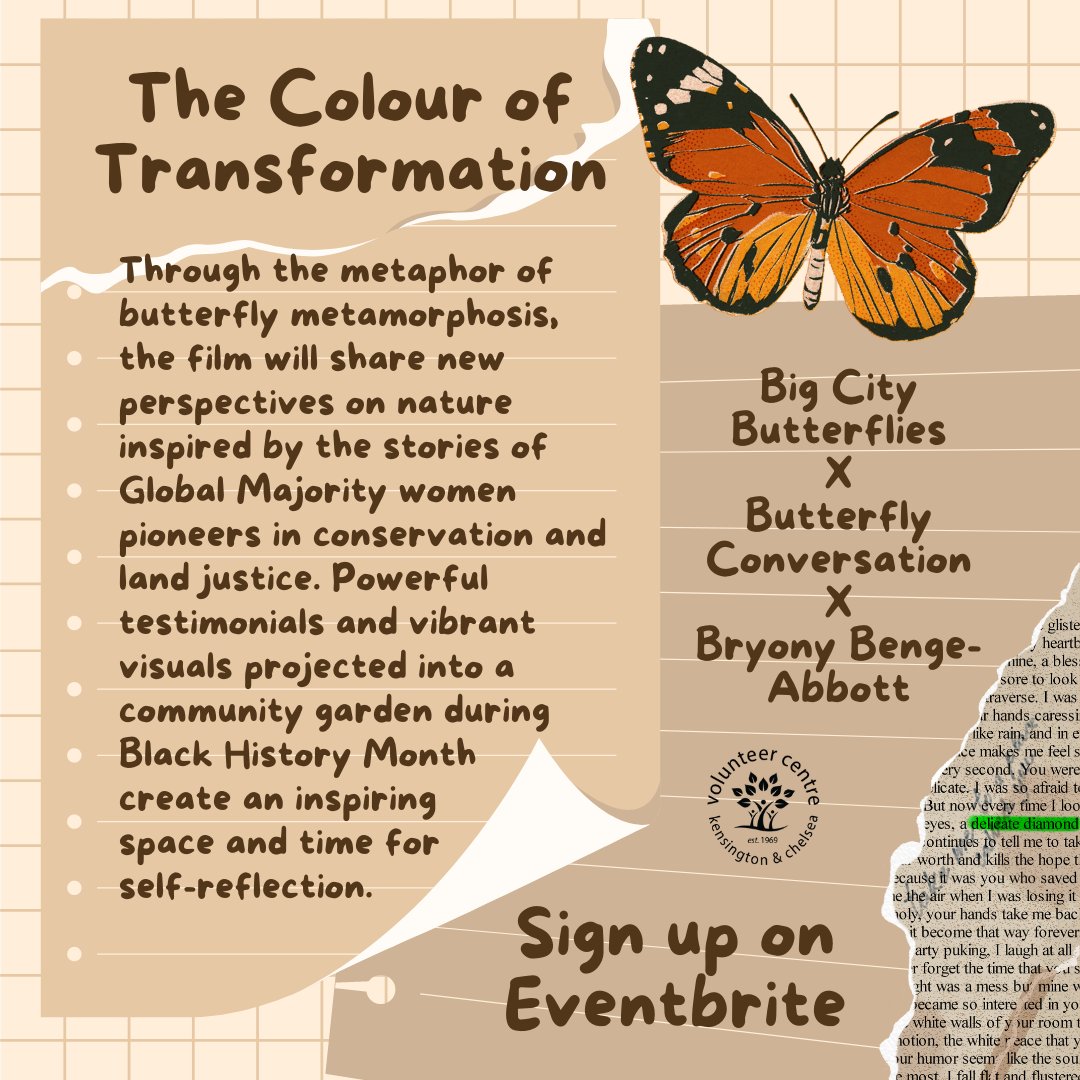 @BigCButterflies need volunteers to help with @savebutterflies's 'The Colour of Transformation' project in collaboration with @BryonyBA 🦋 If you want to attend this amazing event, sign up here: bit.ly/3BKrgKM 🫶🏽 

#vckc #volunteer #thecolouroftransformation #bhm
