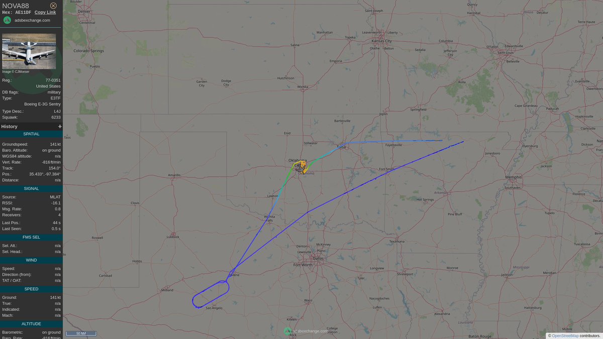 #E3TF - Boeing E-3A #AWACS flight #NOVA50 (#77-0351) landed at Tinker Air Force Base at 10/21/2022, 9:16:29 PM
globe.adsbexchange.com/?icao=AE11DF