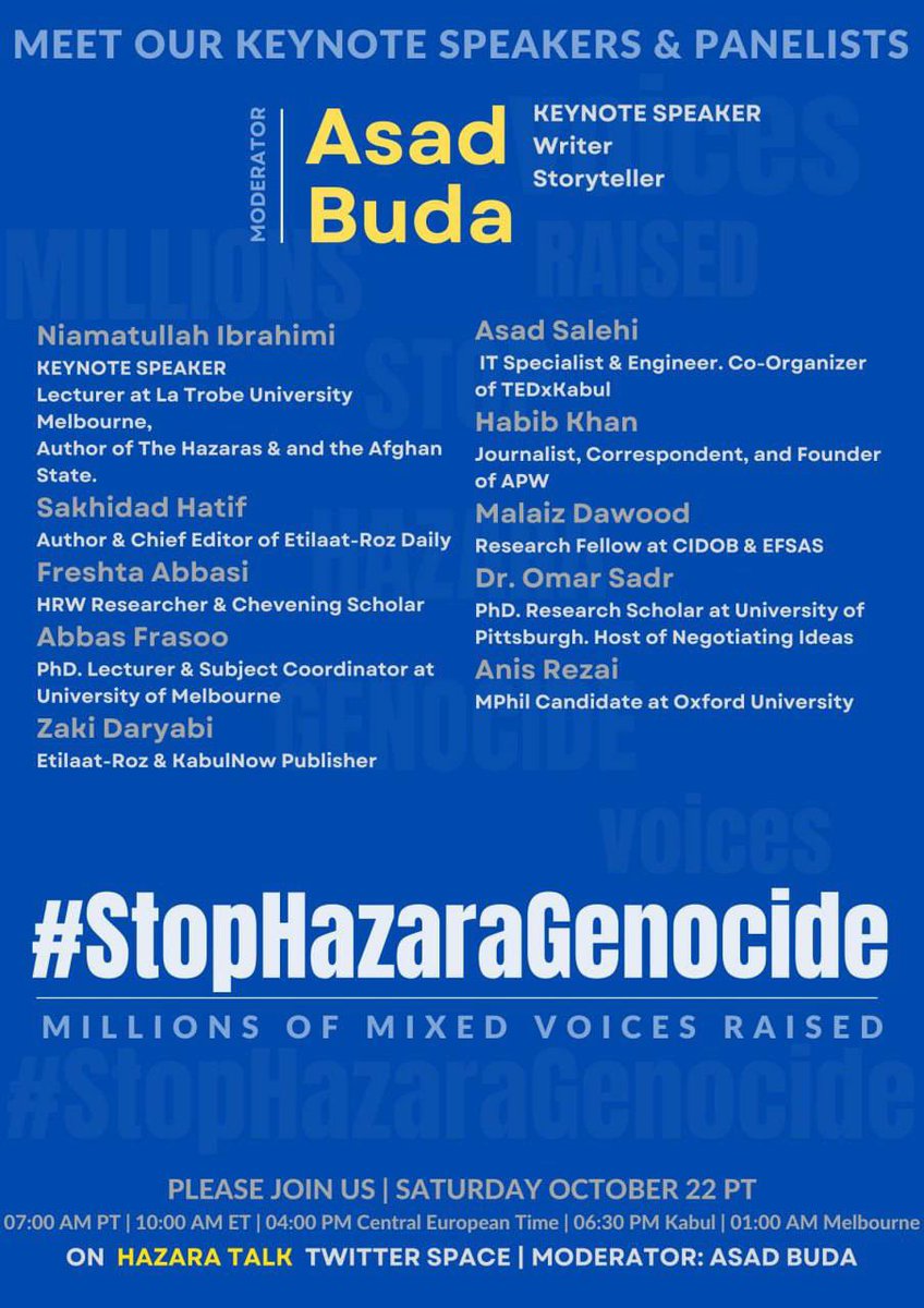 HazaraTalk's tweet photo. هزاره تاک، اسپیسی را به مناسبت هشتگ StopHazaraGenocide# برگزار میکند.  
از کارشناسان دعوت شده است که ابعاد مختلف این موضوع را بررسی و‌تحلیل نمایند . 
خواهشمندیم که ما را در این برنامه همراهی فرمایید.

لینک در پایین درج شده است. 
https://t.co/z7XVb5JHzy https://t.co/9WgodylNz3