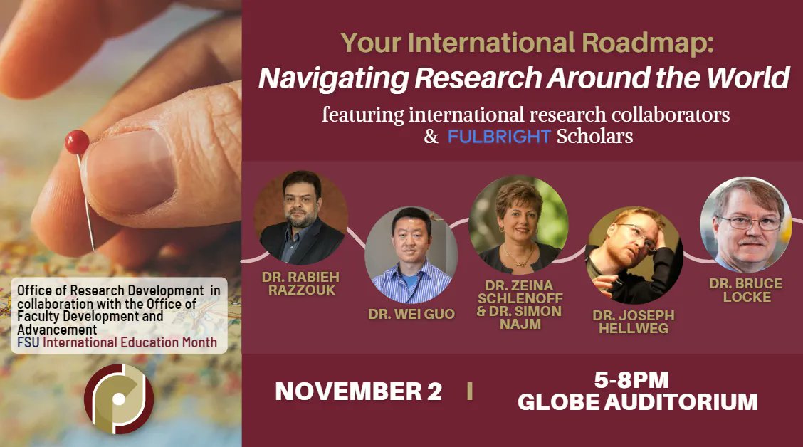 FSUFaculty's tweet photo. Join us on Wednesday, November 2nd at 5 P.M. for "Your International Roadmap: Navigating Research Around the World". 

RSVP LINK: https://t.co/SZHoep3gud https://t.co/xURzniczOI