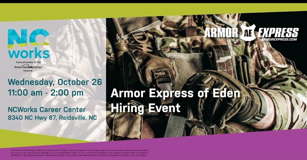 NcworksPt's tweet photo. Oct. 26th, Wed. In Reidsville #NC #ArmorExpress of #Eden will be at the @ncworks career center of #Rockingham. 11am-2pm, Come out & see us!
#hiring #jobs #NCjobs @Reidschamber @MyRockinghamCC https://t.co/wDuMrW2Atq