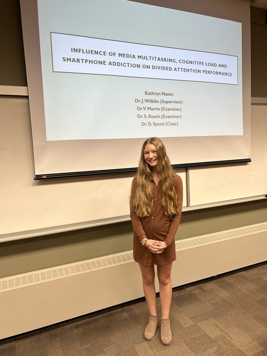UNBSJPsych's tweet photo. Kathryn Nason successfully defended her MA proposal thesis this afternoon!

Her thesis is titled: “Influence of Media Multitasking, Cognitive Load and Smartphone Addiction on Divided Attention Performance”

Congratulations Kathryn! 👏 @UNBSaintJohn @UNBResearch https://t.co/rwSjP1k0hx
