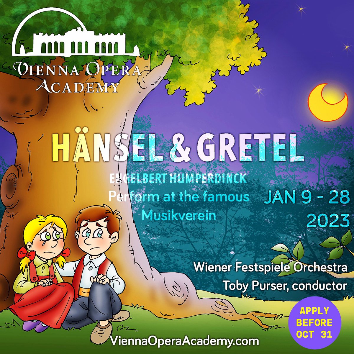 ViennaOperaA's tweet image. Perform Hänsel &amp;amp; Gretel at the famous Musikverein in Vienna! Winter session: January 9 to 28, 2023. Application deadline extended to October 31. Apply now: viennaoperaacademy.com