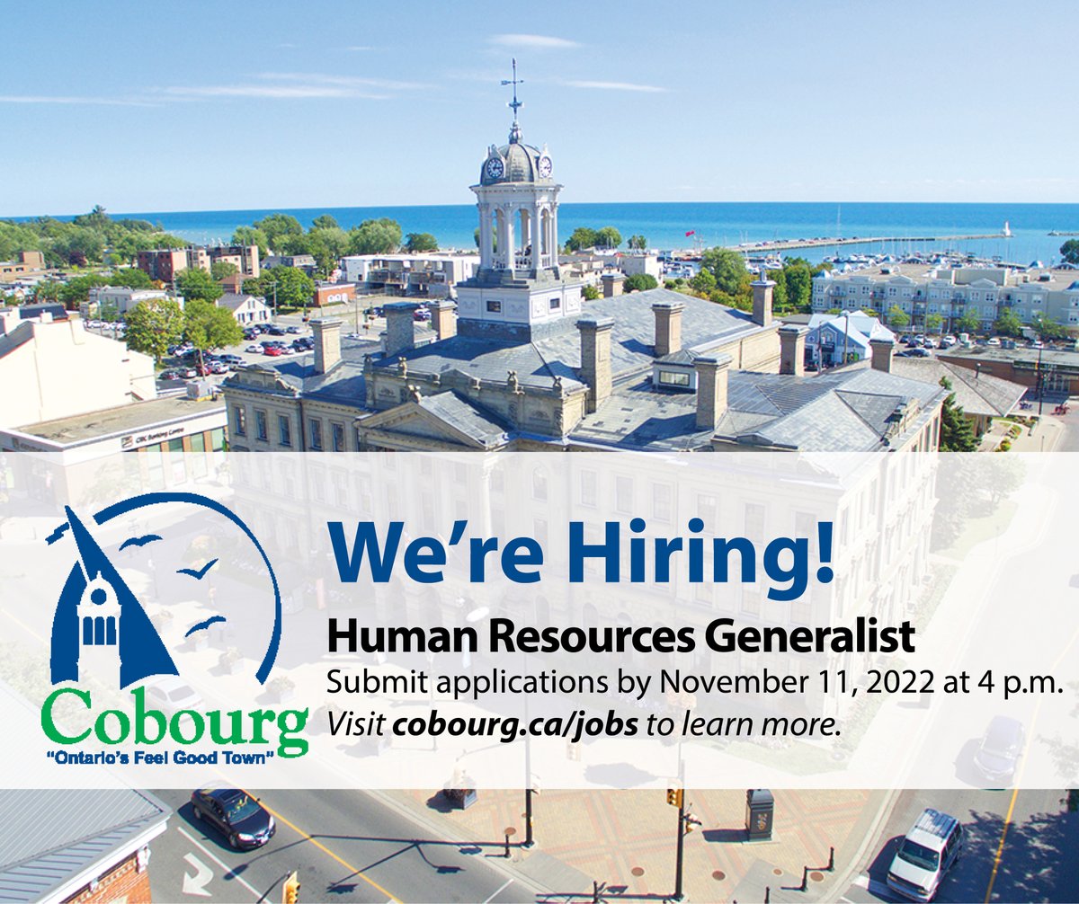 TownofCobourg's tweet photo. HUMAN RESOURCES: The Town of Cobourg is seeking a Human Resources Generalist. This position is responsible for ensuring operational excellence across all day-to-day Human Resources (HR) functions. 

👉 Learn more at https://t.co/EUKpznhRec
📅 Apply by November 11, 2022 at 4 p.m. https://t.co/wfhmTx1l7g
