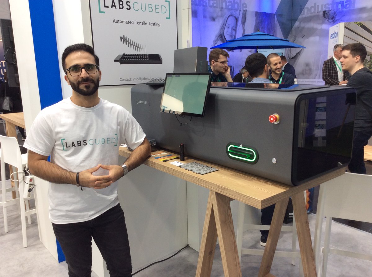 Ammar Jafar, CTO of #Canadian <a href="/K_tradefair/">K Trade Fair</a> exhibitor <a href="/LabsCubed/">LabsCubed</a> with the company's new CubeOne automated tensile tester   #plastics