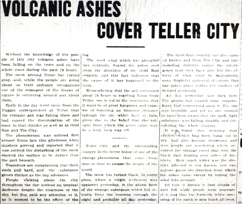 Maybe you can help AVO solve an ashfall mystery! 🧵 From the 24th to the 28th of November 1907, volcanic ash fell across the Seward Peninsula in western Alaska, but the source of the ash remains unknown. (image: Reports of the ashfall in print in the Nome Nugget, Nov.25, 1907)