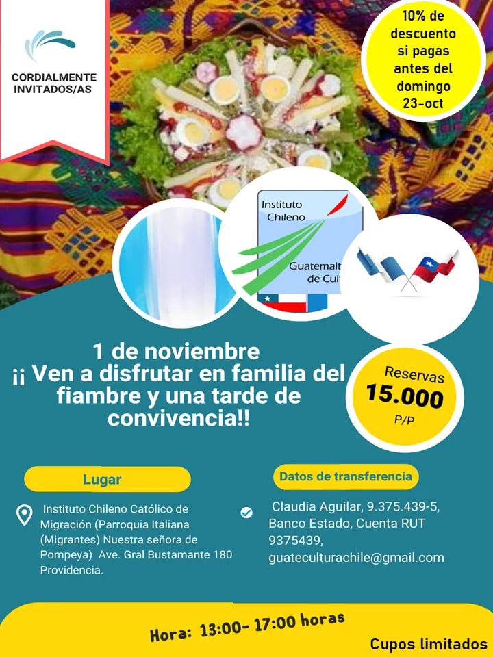 ICGC1's tweet photo. 📌¿Buscas un panorama entretenido para el 1° de Noviembre?
¡Juntémonos nuevamente a compartir un fiambre, música y barriletes!
Cupos limitados, así que no olvides reservar antes del domingo 23 de octubre para tener un 10% de descuento. Mayor información 👇#cultura #tradiciones https://t.co/R8PrGN8Wgg