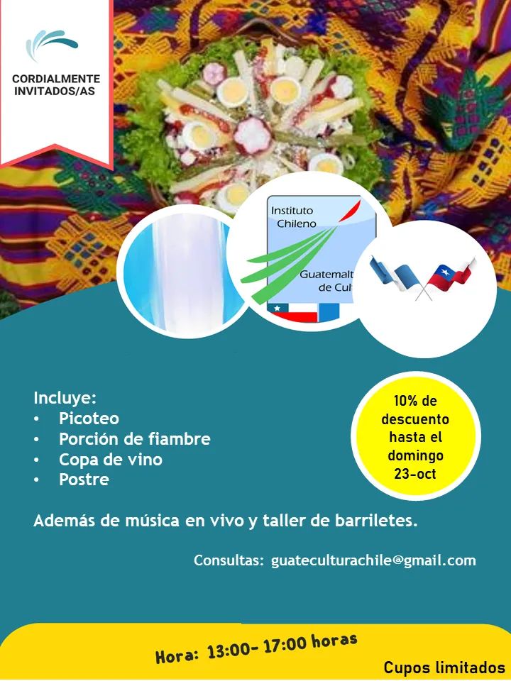 ICGC1's tweet photo. 📌¿Buscas un panorama entretenido para el 1° de Noviembre?
¡Juntémonos nuevamente a compartir un fiambre, música y barriletes!
Cupos limitados, así que no olvides reservar antes del domingo 23 de octubre para tener un 10% de descuento. Mayor información 👇#cultura #tradiciones https://t.co/R8PrGN8Wgg