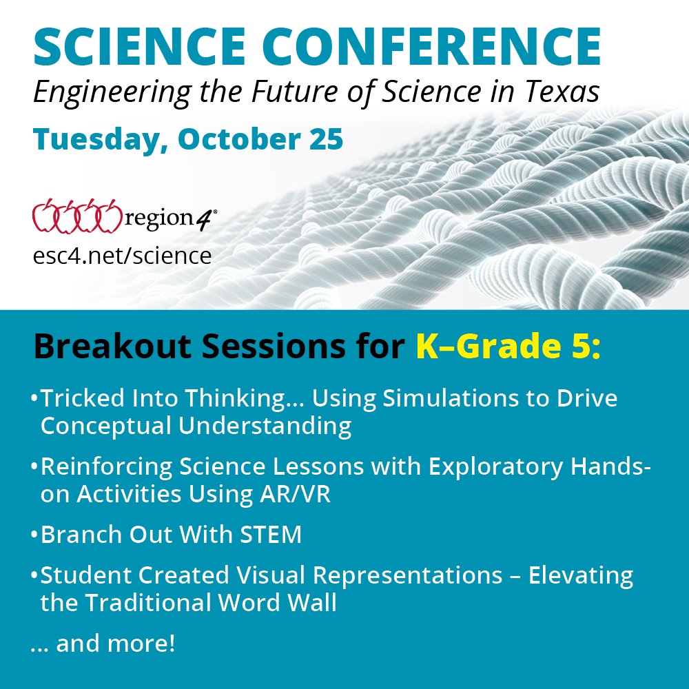 Region4ESC's tweet photo. There's still time to register for Tuesday's Science Conference!

This year. we will be in-person, and we have an exciting slate of presentations available for science teachers across all grade bands.

View the full list at https://t.co/a9mdljIzxb—we hope to see you on Tuesday! https://t.co/HCKs1bGg45