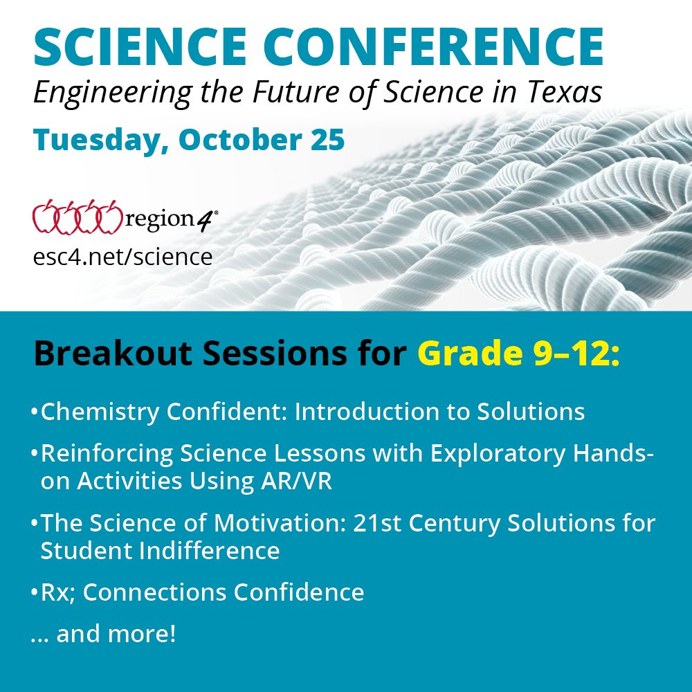 Region4ESC's tweet photo. There's still time to register for Tuesday's Science Conference!

This year. we will be in-person, and we have an exciting slate of presentations available for science teachers across all grade bands.

View the full list at https://t.co/a9mdljIzxb—we hope to see you on Tuesday! https://t.co/HCKs1bGg45