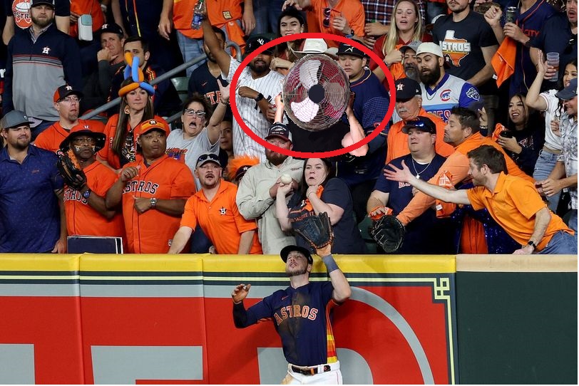 MarkMark1414's tweet image. After hearing Aaron Boone blame the open roof on the loss i decided to take a closer look at why Judge's fly ball did not leave the field.  Low and behold the Astros did cheat with the help of one "fan."  Can't wait to see the @astros  spank the @Yankees  on their own field.
