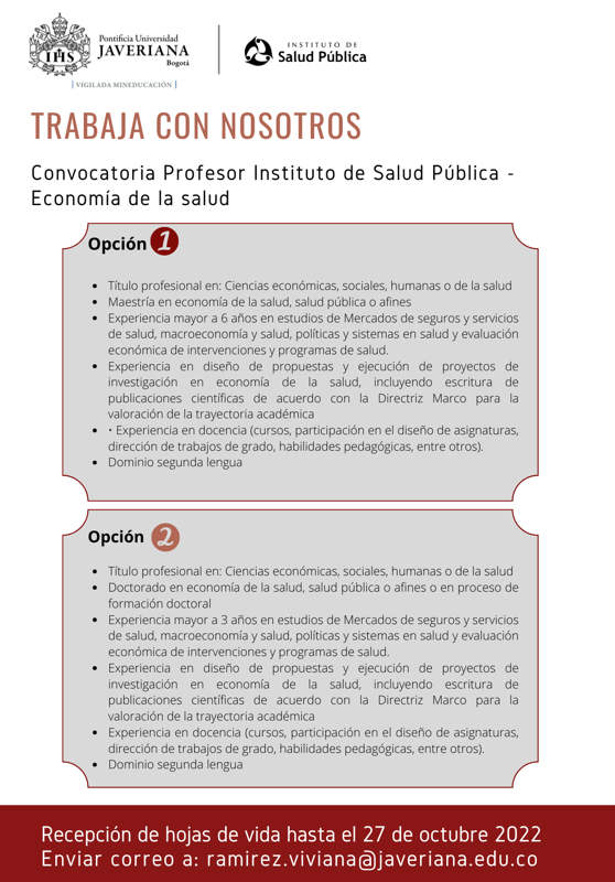 ISPjaveriana's tweet photo. #VacanteLaboral para profesional en Estadística y para Docente en Economía de la Salud. 
Recibimos hojas de vida hasta el 📅 28-oct-2022
al 📫ramirez.viviana@javeriana.edu.co https://t.co/69CMNyhqCo