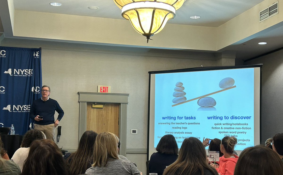 Such important ideas from @KellyGToGo: 
✏️Kids need to write to discover their own thinking;
✏️Writing needs daily tinkering;
✏️Reading in college IS independent reading;
✏️Kids should search their own writing for seed ideas.
@nysec_tweets #NYSEC22