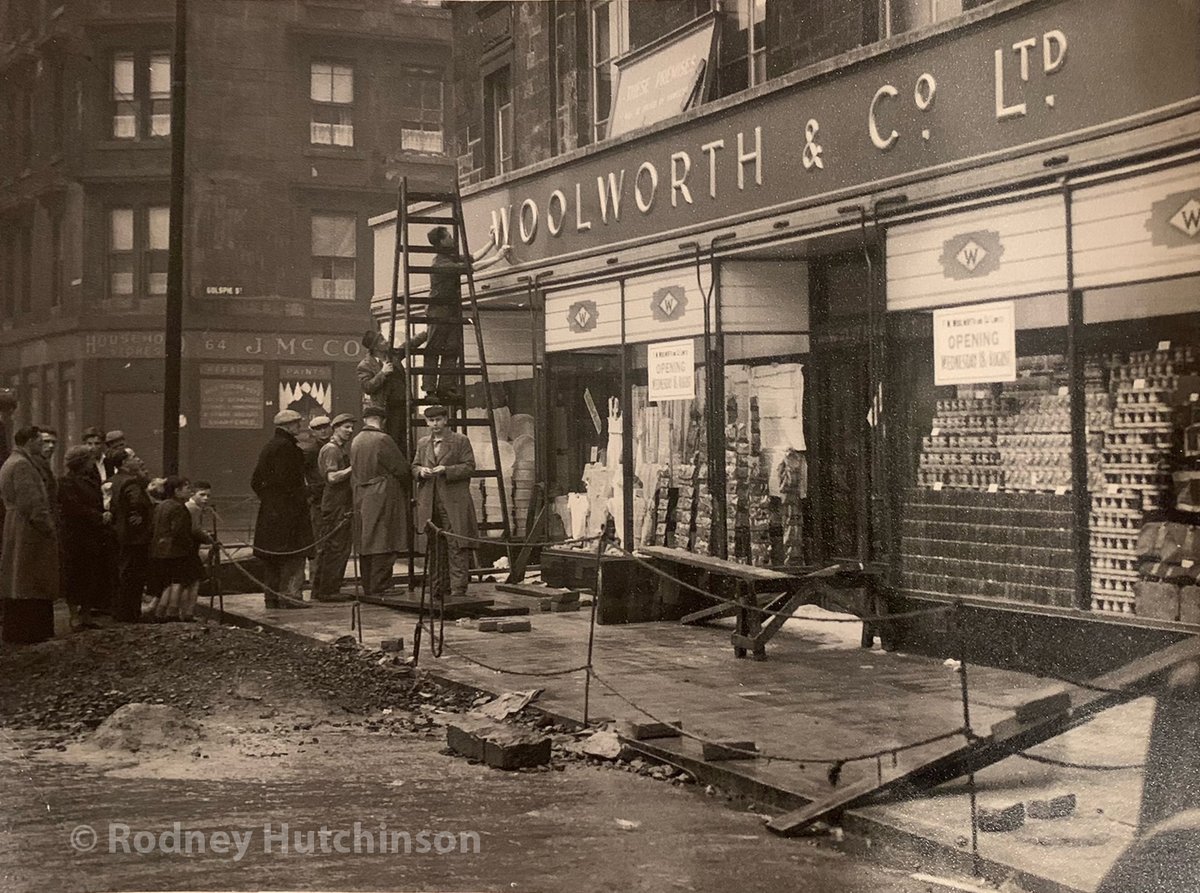GovanRemGroup's tweet image. A great photo from August 1954 showing the new Woolworth's shop at corner of Langlands Road and Golspie Street being fitted out by Leeds based shop fitting firm John Curtis &amp;amp; Son. The building had originally been built as Govan EU Church.