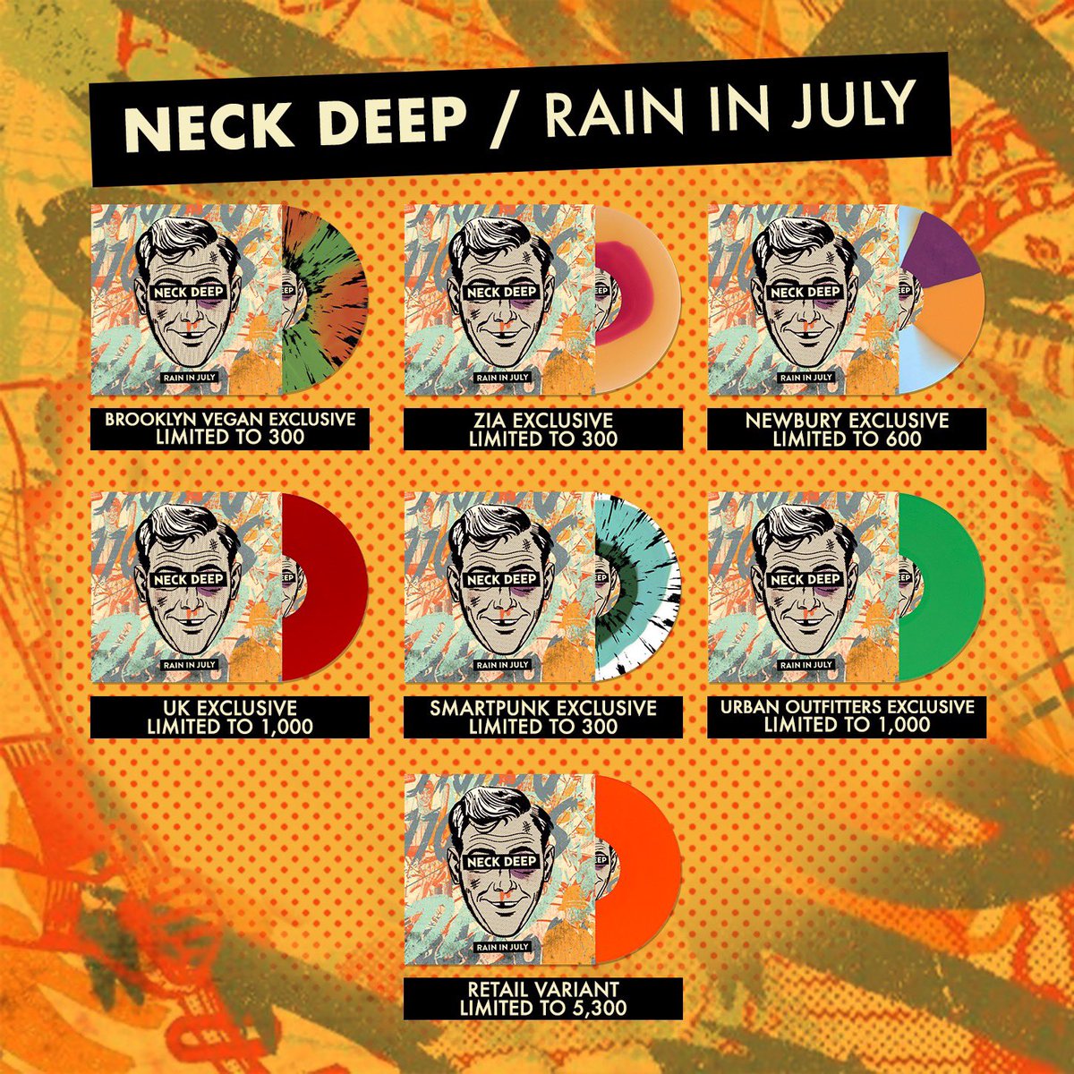 Celebrating 10 years of @NeckDeepUK’s Rain In July in a big way! These beaut exclusive vinyl variants are available to pre-order NOW. ffm.to/rijretail