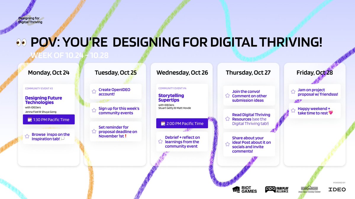 📅Designing for Digital Thriving Community Events: 

How might we design healthy, inclusive digital spaces that enable individuals and communities to thrive?

Let's reimagine what good looks like online.

➡️Submit your proposal &amp; register for events!
ideo.in/3SOeHoL