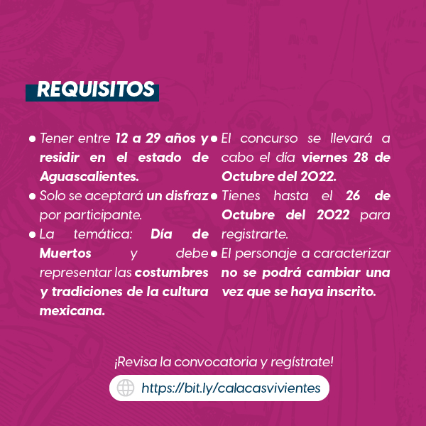¡𝐄𝐥 𝐦𝐨𝐦𝐞𝐧𝐭𝐨 𝐝𝐞 𝐝𝐢𝐬𝐟𝐫𝐚𝐳𝐚𝐫𝐬𝐞 𝐥𝐥𝐞𝐠𝐨́! 😌💀
Ponte creativo para representar las costumbres y tradiciones de la cultura mexicana🕯

💀 Consulta la convocatoria y el registro en: linktr.ee/iajuags