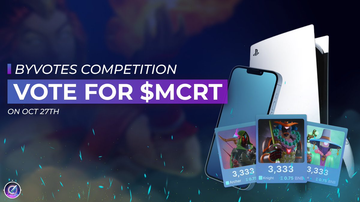 🏆VOTE for $MCRT in Oct 27th <a href="/Bybit_Official/">Bybit</a> ByVotes competition &amp; GET:

🎁iPhone 14 Pro
🎁PS5
🎁5 Genesis Collection #NFTs
🎁5 #Beta Game Accesses

12 randomly picked #MagicCrafters win! 

✅Retweet 
✅Tag 3 friends 
✅Vote for $MCRT - see how below👇🏻

medium.com/@MagicCraftGam…