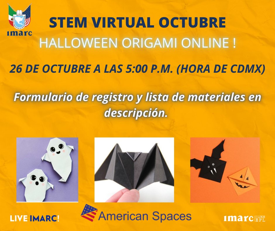 imarcmx's tweet photo. IMARC los invita a participar en el STEM virtual de OCTUBRE, elaboración de origami con temática de Halloween. 👻🎃
Registro y detalles en:
https://t.co/bxqAzxpROP
LIVE IMARC!
#IMARC #LIVEIMARC 🌎 #ORGULLOSAMENTEIMARC #STEMVIRTUAL #AMERICANSPACES #AMERICANSPACEHERMOSILLO https://t.co/AUC0ZTArf5