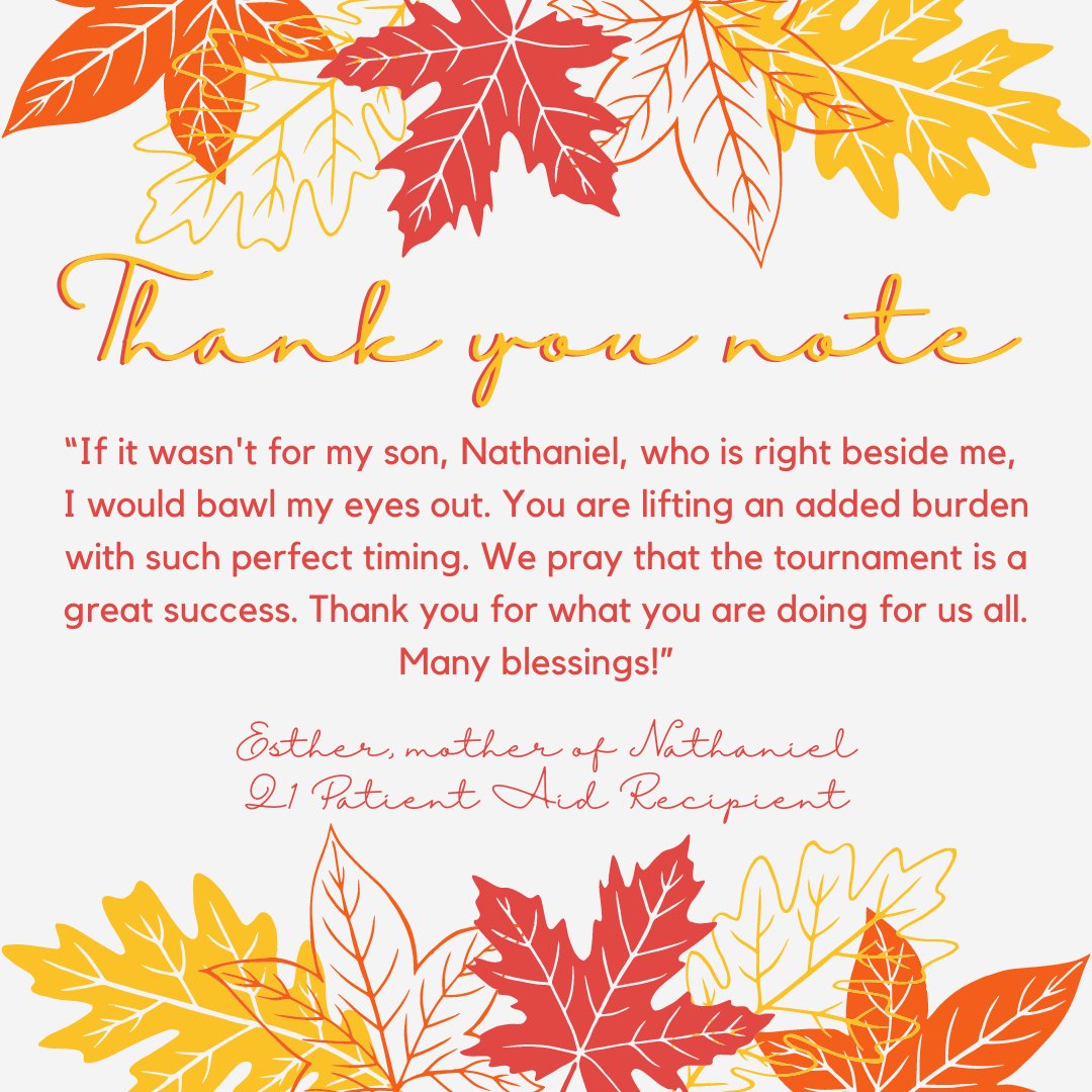 'If it wasn't for my son, Nathaniel, who is right beside me, I would bawl my eyes out. You are lifting an added burden with such perfect timing. Thank you for what you are doing for us all. Many blessings!” Esther, mother of Nathaniel, Q1 Patient Aid Recipient #LeukemiaTexas