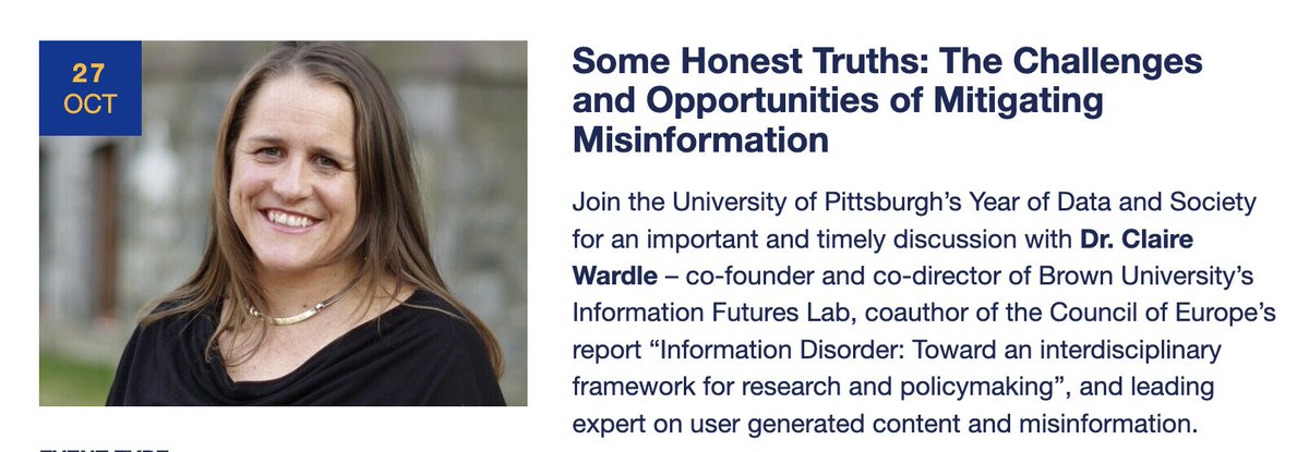 Data and Society at Pitt (@pittdatasociety) on Twitter photo Dr. Claire Wardle (<a href="/cward1e/">Claire Wardle</a>) will virtually visit the University of Pittsburgh to talk about mitigating misinformation! All are welcome to attend on October 27. Find more information here!: calendar.pitt.edu/event/some_hon… Dr. Claire Wardle (<a href="/cward1e/">Claire Wardle</a>) will virtually visit the University of Pittsburgh to talk about mitigating misinformation! All are welcome to attend on October 27. Find more information here!: calendar.pitt.edu/event/some_hon…