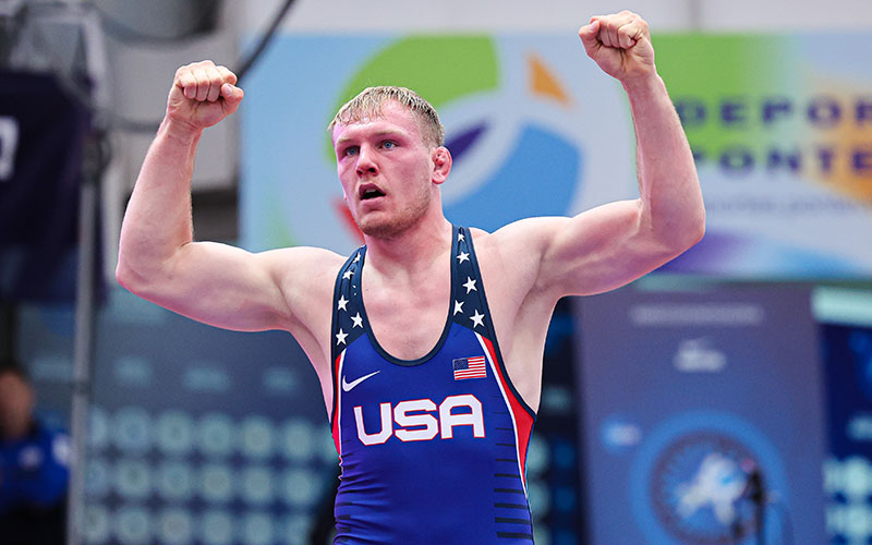 .<a href="/T_Sloaner/">Tanner Sloan</a> powers into U23 World @Wrestling Championship men’s freestyle finals, Thomas and Starocci to go for bronze #WrestlePontevedra 

📸Kostadin Andonov, United World Wrestling

READ: go.teamusa.org/3CSYJU2