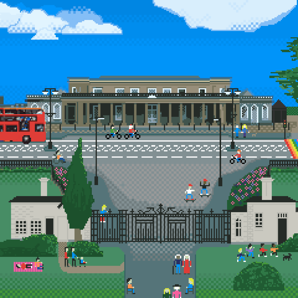 There you go @CraigSpivey, @the_bicycle_bus, @CllrAndrewDay 👇. Now with @KimberleyMDISCO and Flossie, the @WarksPride crossing, and bicycles. I've thrown in a @StagecoachMids UniBus for good measure. Done? Too much? More? #Leamington #PixelArt