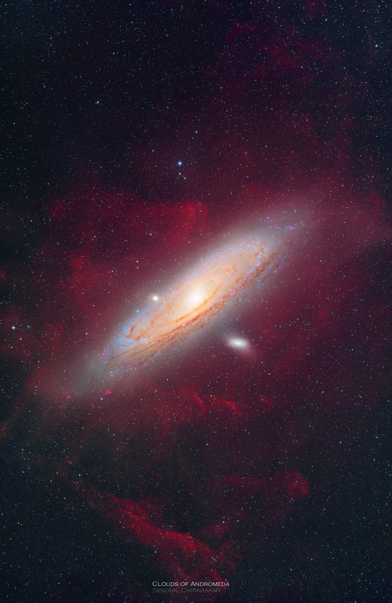 Clouds of Andromeda

The beautiful Andromeda Galaxy is a large spiral galaxy with dark dust lanes, bright yellowish core, and spiral arms traced by blue starlight. Faint reddish clouds of glowing ionized hydrogen gas lie in our own Milky way. 

Exposure: 64 hours