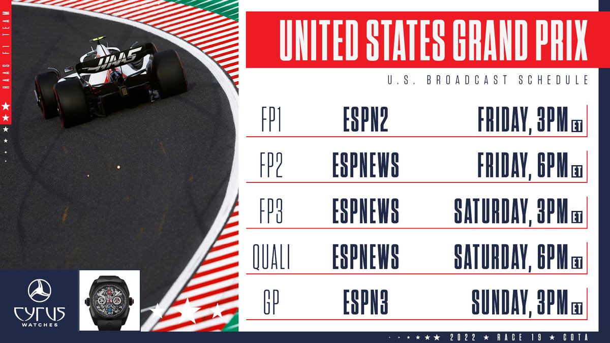 HaasF1Team's tweet photo. PRIMETIME! 🇺🇸

Here's the American TV guide for everyone joining us for our home race this weekend!

#HaasF1 #USGP https://t.co/cJEweYA5NS