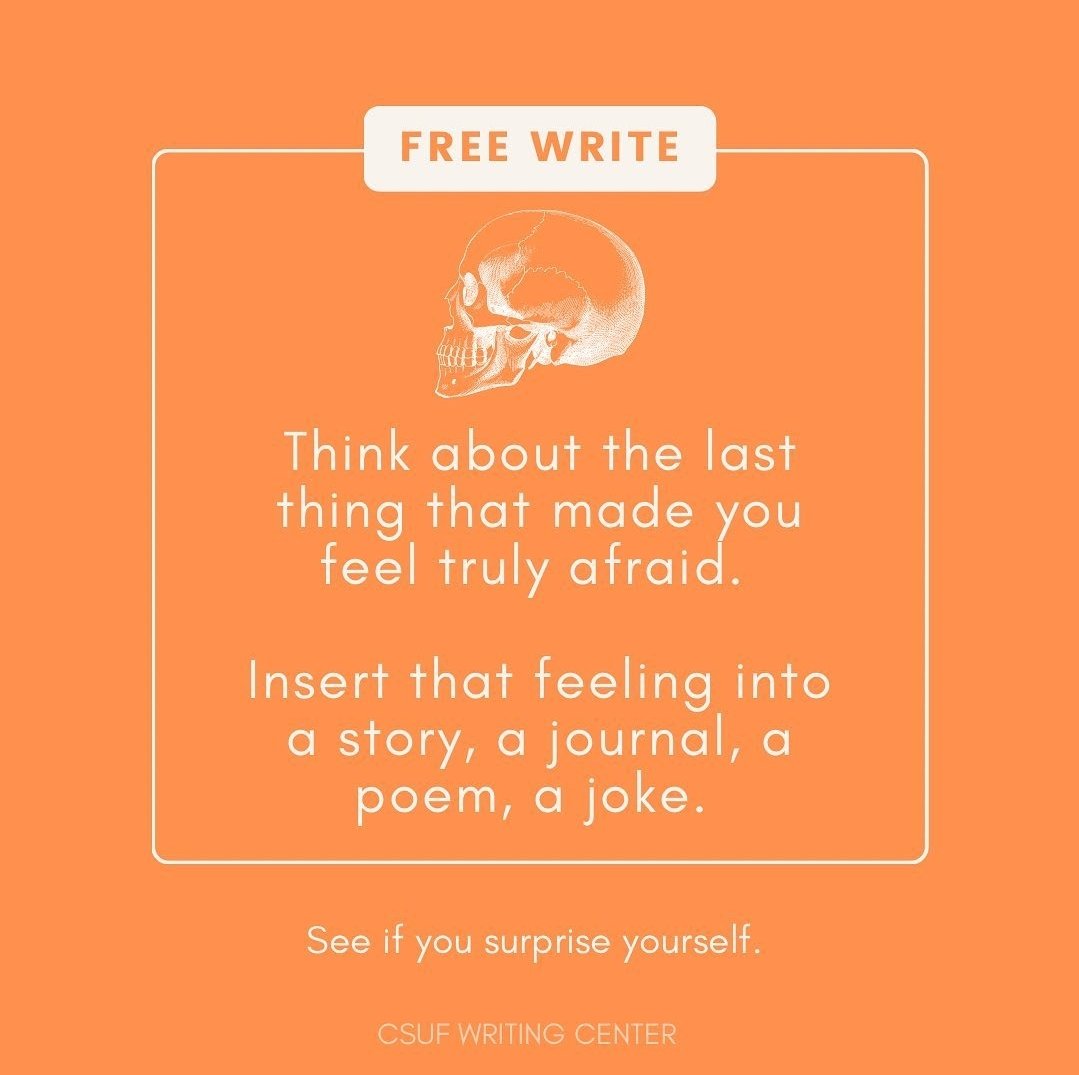Write about the last time you were really scared…. Insert the story into your character’s world, into a poem, a journal, a joke, a script… 🎃👻 #spooky #shortstory #scarystories #freewrite #openmic #spokenword #creativewriting #writingcenter #pollaklibrary