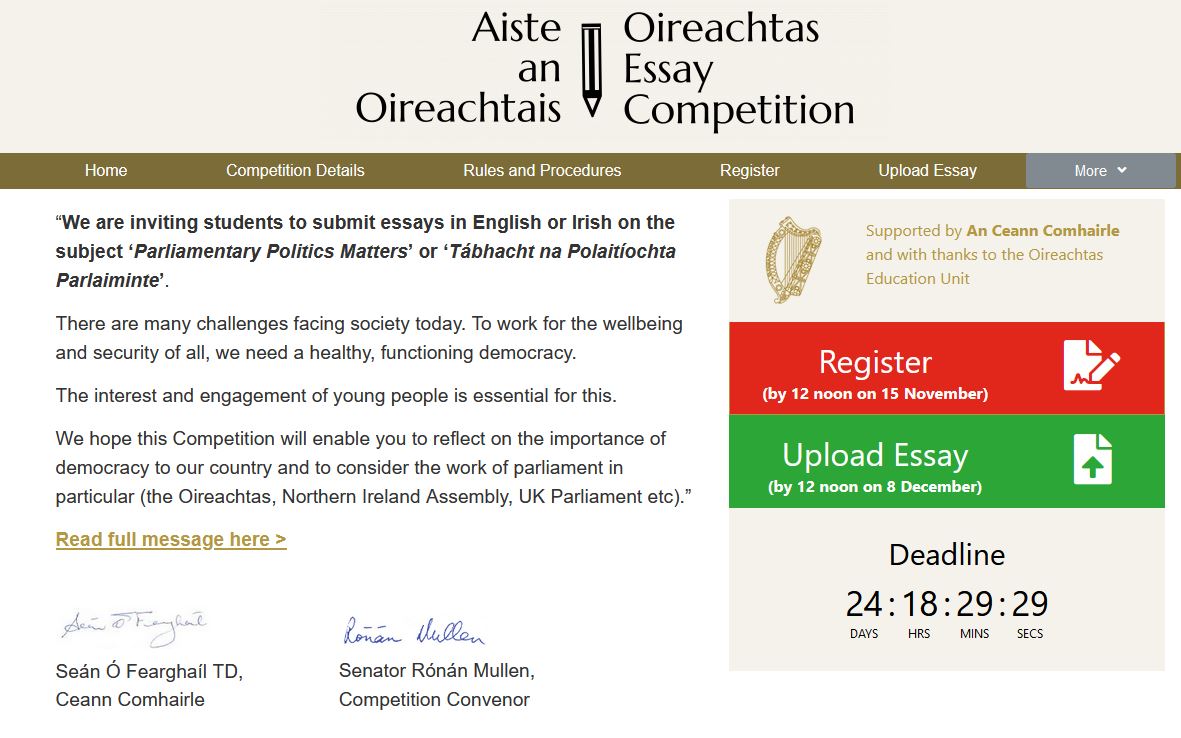 oireachtasessay's tweet photo. Registration for the #Oireachtas Essay Competition is open for all Senior Cycle (Leaving Certificate, etc) and A-level students on the island of Ireland.

Follow this link for more information: https://t.co/VXDEJcmxJl

Multiple prizes including for essays as #Gaeilge.

#lc2023 https://t.co/5NiX088md5